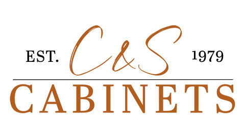 C&S Cabinets' Logo: Elegant Cursive & Block Lettering on Wood Grain - Est. 1979, Custom Cabinet Tradition